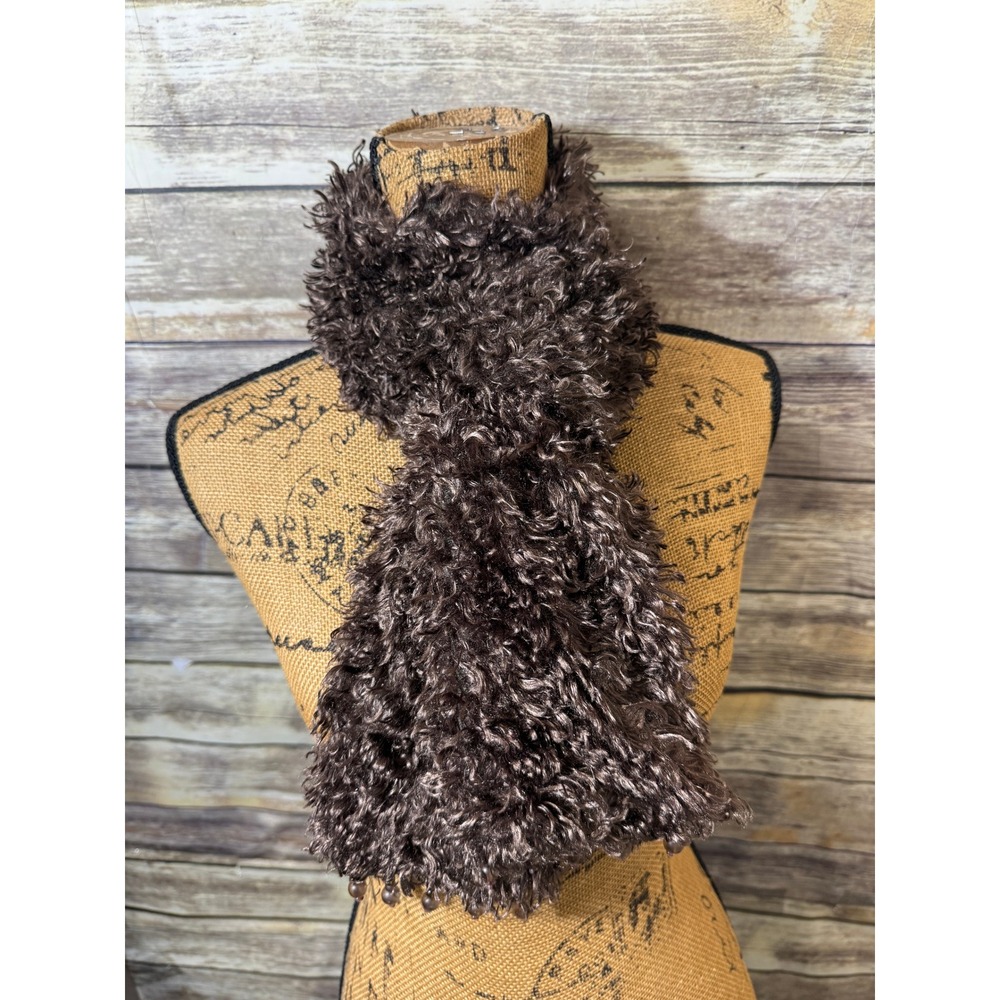 Brown Shaggy Faux Fur Scarf with Beaded Fringe Trim Boho Winter Accessory
